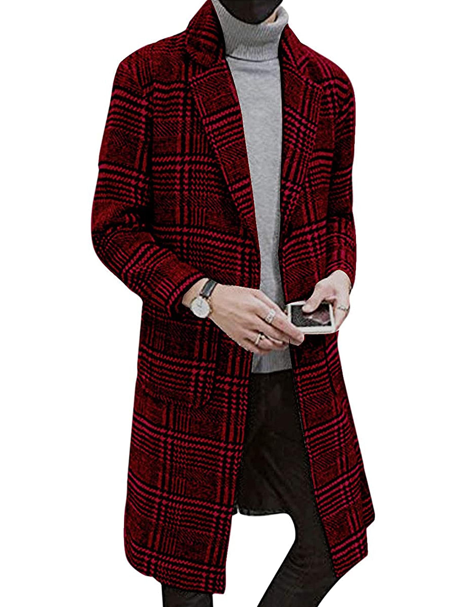 Springrain Men's Wool Blend Pea Coat Notched Collar Single Breasted Overcoat Warm Winter Trench Coat